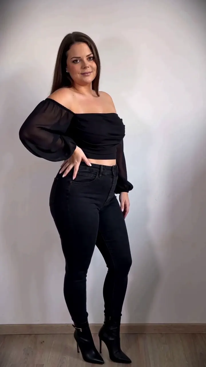 Lea in an off-shoulder top and black jeans
